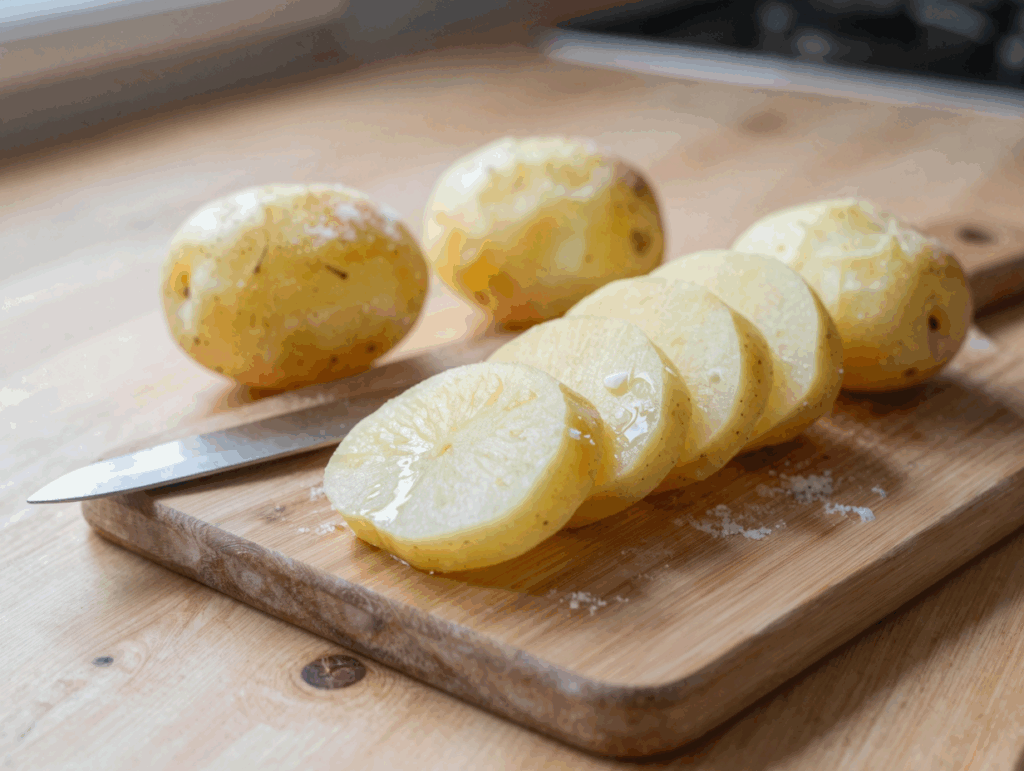 Kalte Kartoffelknödel vom Vortag werden in Scheiben geschnitten