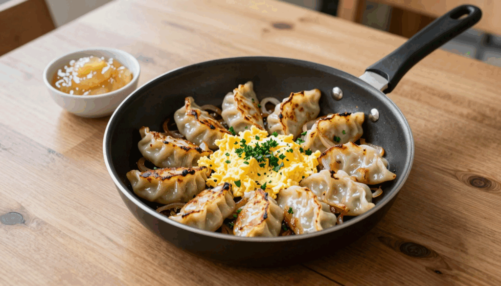 Pfanne mit gerösteten Knödelscheiben, Zwiebelringen und gestocktem Ei