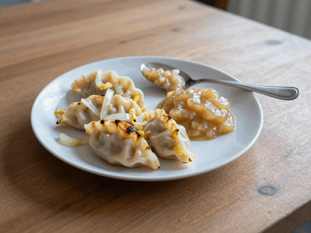 Teller mit Knödelscheiben, Zwiebeln, Ei und Apfelmus