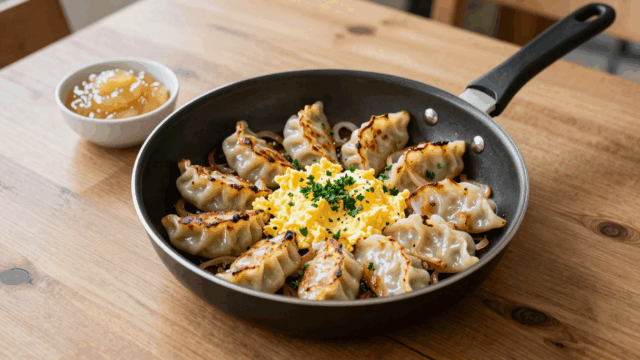 Pfanne mit gerösteten Knödelscheiben, Zwiebelringen und gestocktem Ei