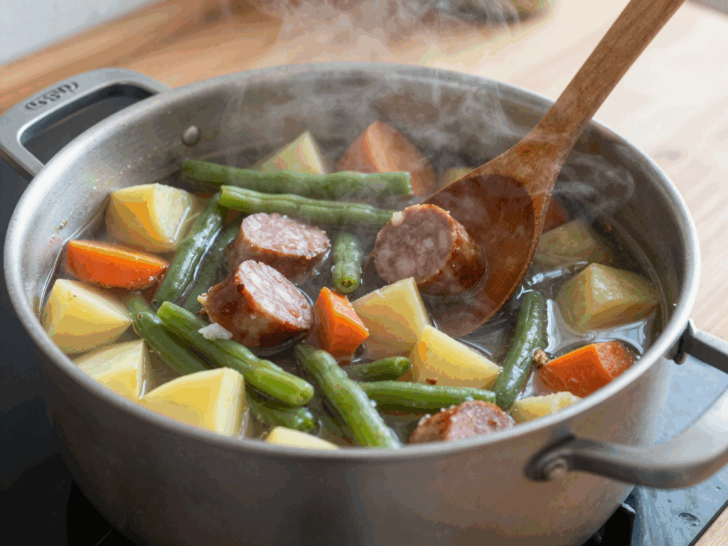 Im großen Topf köcheln Bohnen, Kartoffelwürfel und Mettwurstscheiben in der Brühe