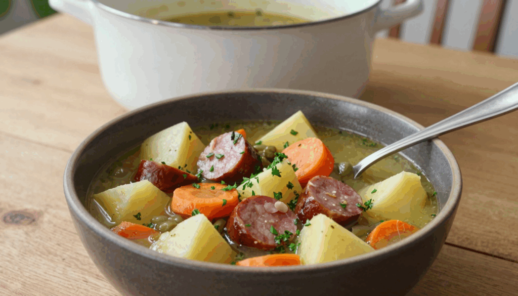 Teller mit Grüne-Bohnen-Eintopf, Kartoffelwürfeln, Möhrenscheiben und Mettwurstscheiben, mit Petersilie bestreut