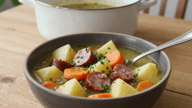 Teller mit Grüne-Bohnen-Eintopf, Kartoffelwürfeln, Möhrenscheiben und Mettwurstscheiben, mit Petersilie bestreut