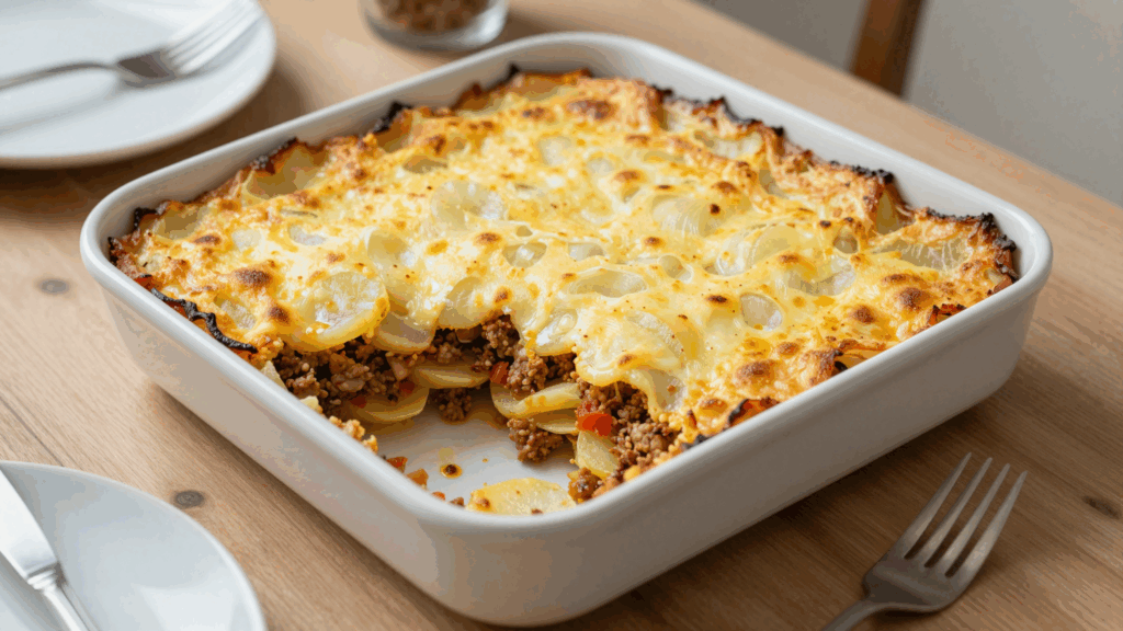 Kartoffel-Hackfleisch-Auflauf mit goldener Käsekruste in der Auflaufform, ein Stück herausgehoben