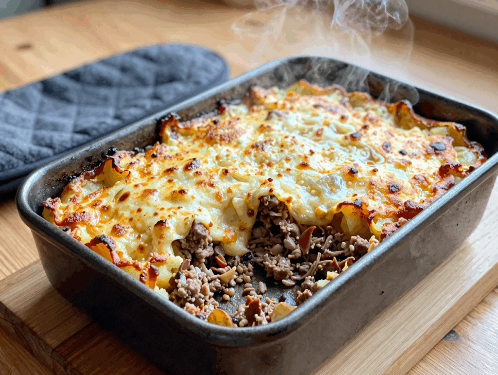 Frisch gebackener Auflauf mit blasiger, goldbrauner Käsekruste