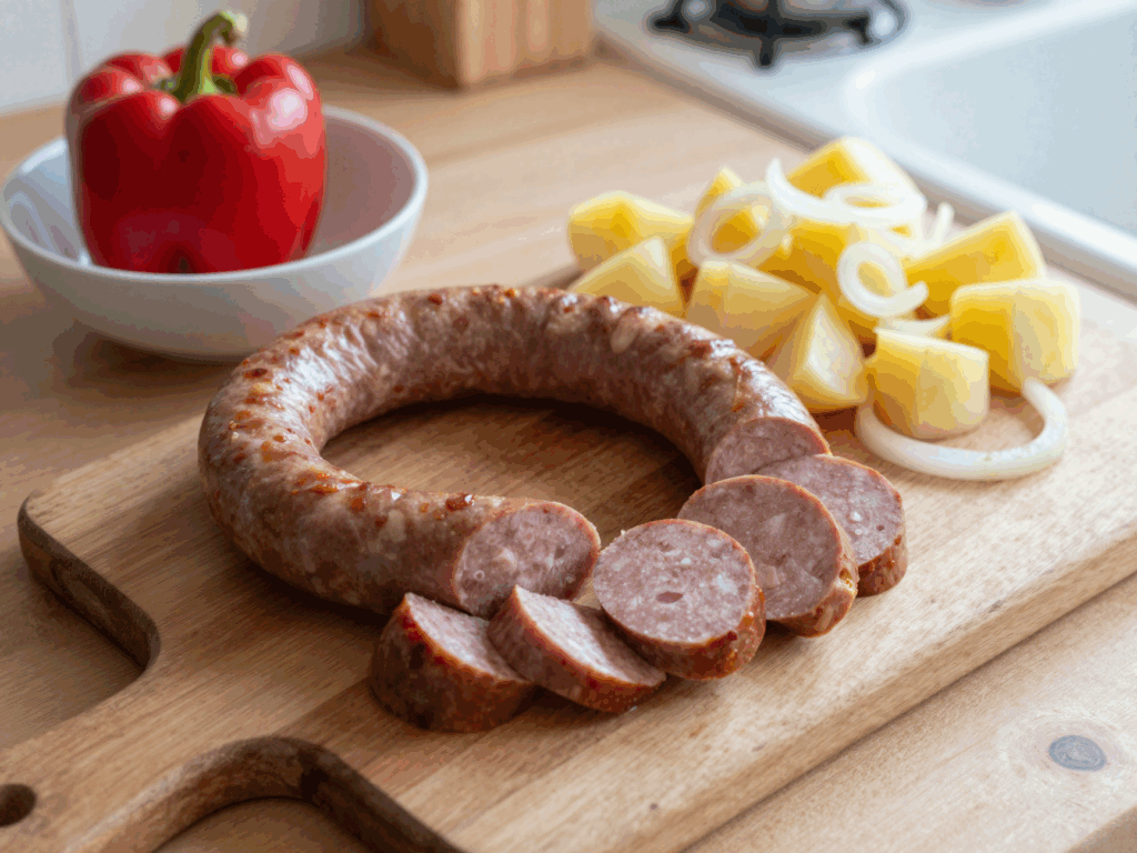 Fleischwurst in dicke Halbmonde geschnitten neben Kartoffelwürfeln und Zwiebeln
