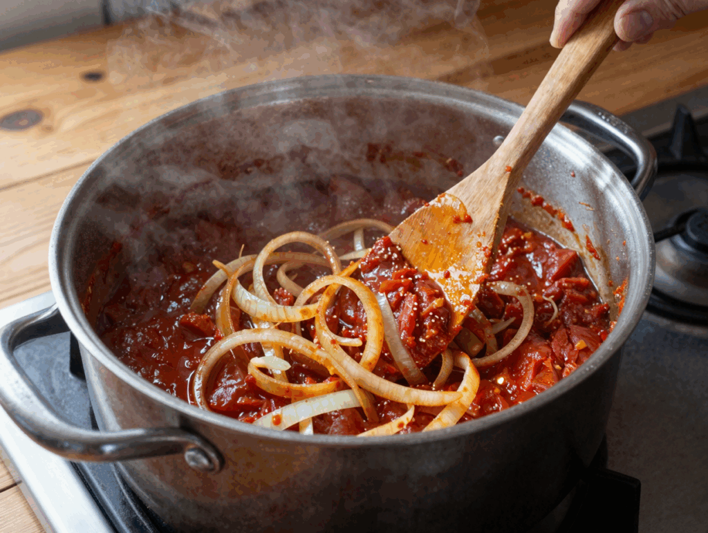 Weich geschmorte Zwiebelstreifen mit angeröstetem Tomatenmark im Topf