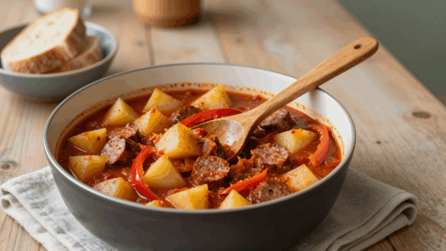 Kartoffelgulasch mit Fleischwurst und Paprika im Topf