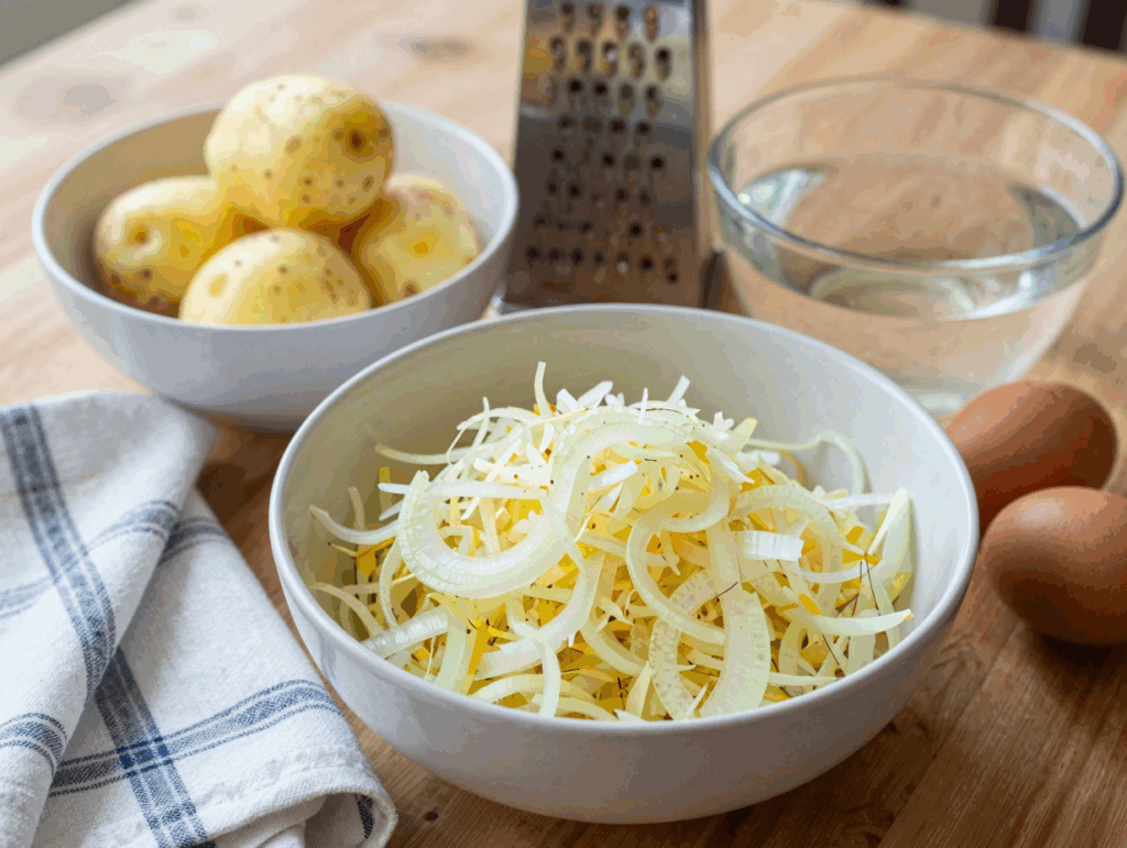 Schüssel mit geriebenen rohen Kartoffeln und Zwiebel, daneben Reibe und Küchentuch