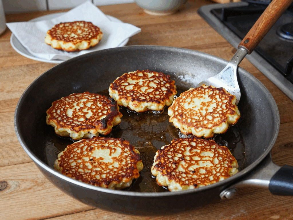 Vier Kartoffelpuffer braten in heißem Öl in der großen Pfanne