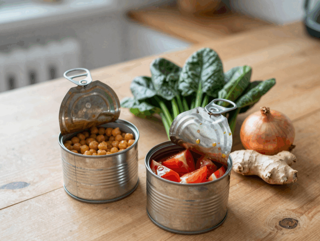Zwei Dosen Kichererbsen, gehackte Tomaten und gefrorener Blattspinat auf der Arbeitsplatte