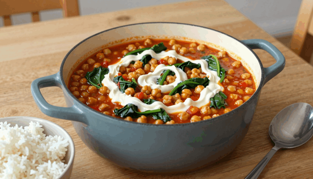 Topf mit Kichererbsen-Curry und Spinat, daneben eine Schüssel Reis