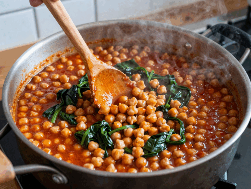 Kichererbsen-Curry köchelt im großen Topf, ein Holzlöffel rührt um