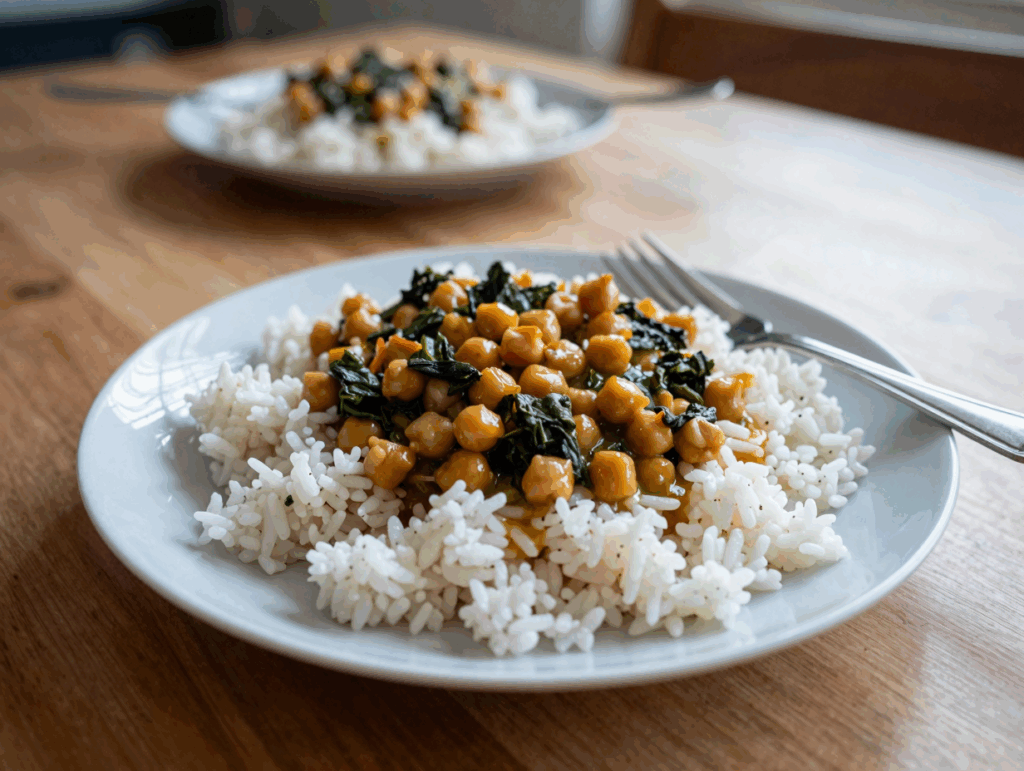 Teller mit Reis und Kichererbsen-Curry