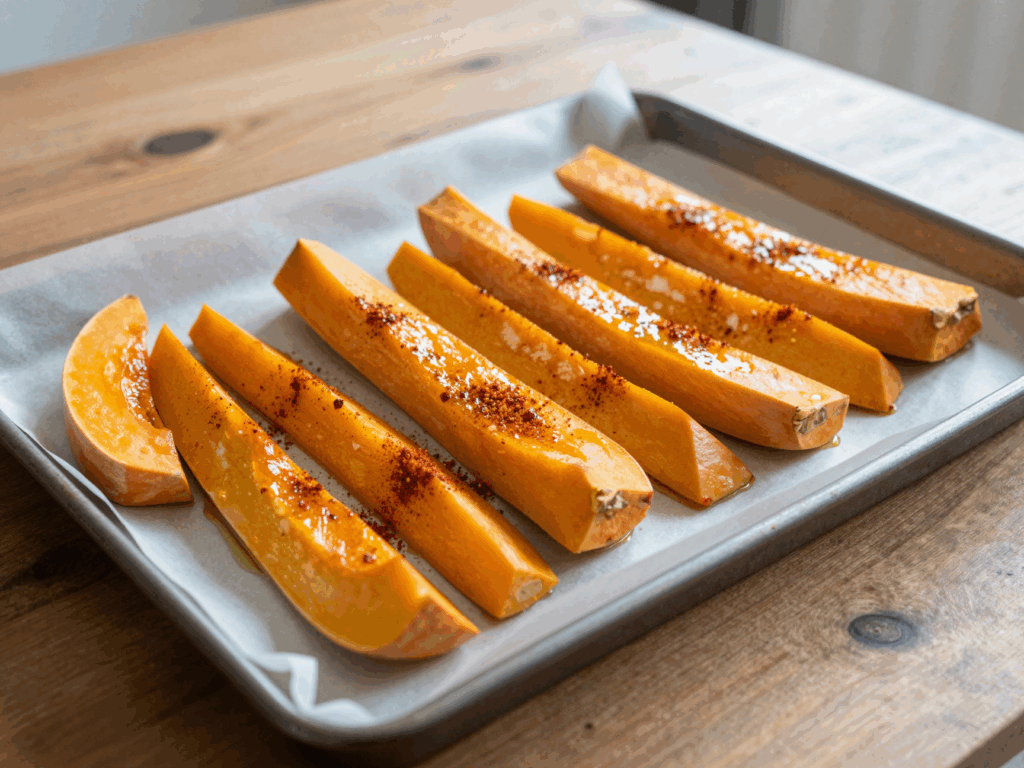 Rohe Kürbisspalten mit Öl und Paprika auf dem Backblech