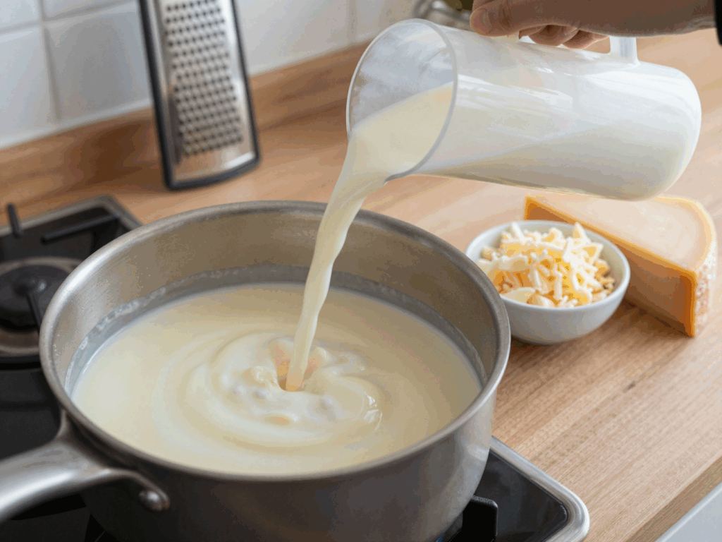 Milch wird nach und nach in die Mehlschwitze gerührt, daneben frisch geriebener Gouda