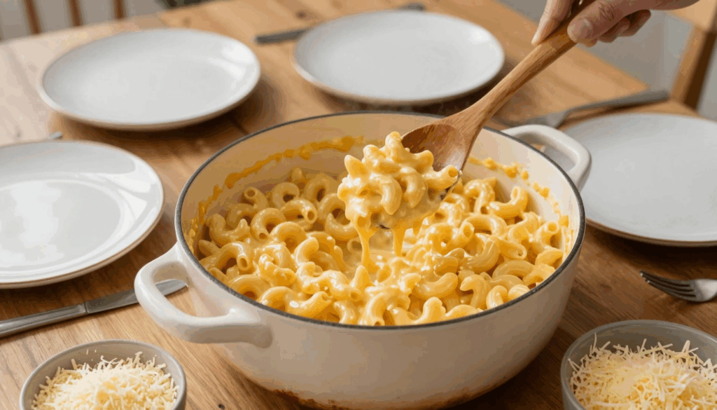 Makkaroni in glatter goldgelber Käsesauce im Topf, ein Löffel hebt eine Portion heraus