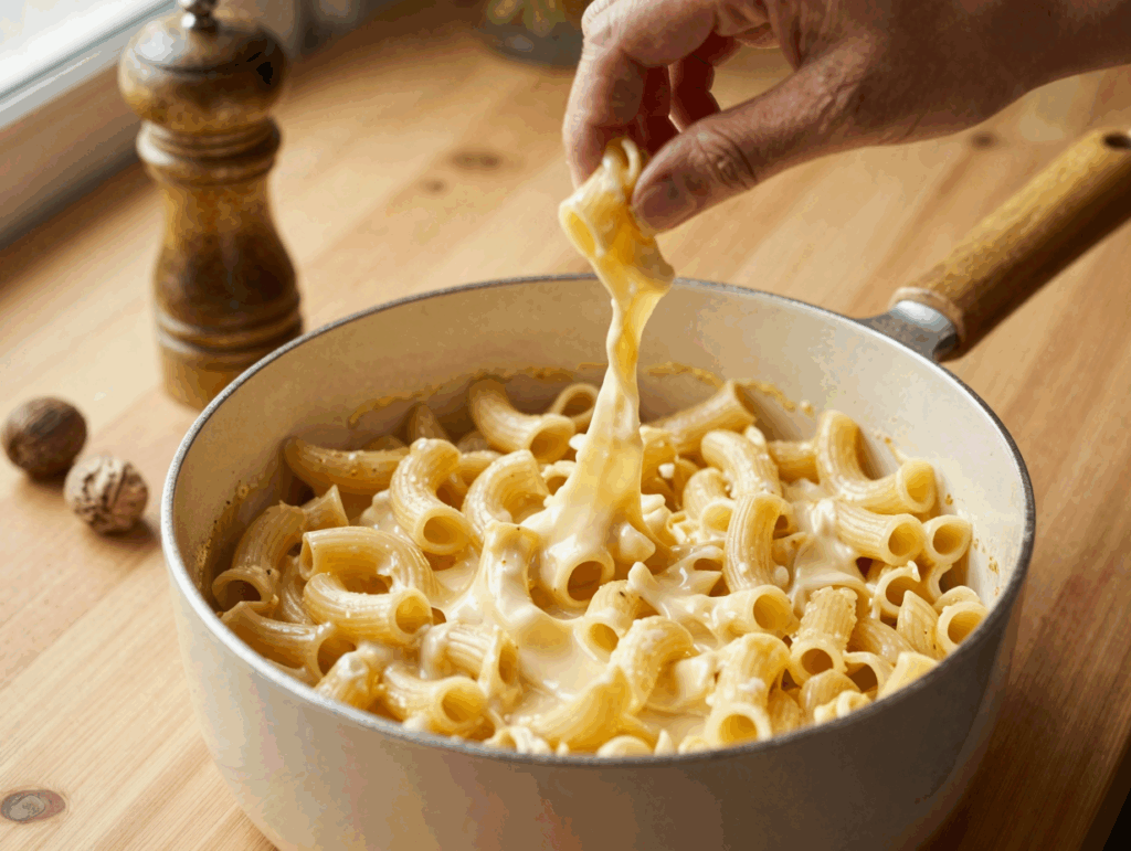 Die gekochten Makkaroni werden vom Herd gezogen unter die Käsesauce gehoben