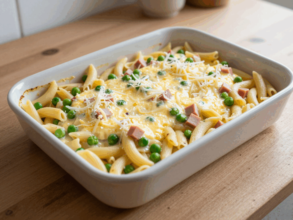 Nudelauflauf mit Erbsen, Schinken und geriebenem Käse vor dem Backen in der Form