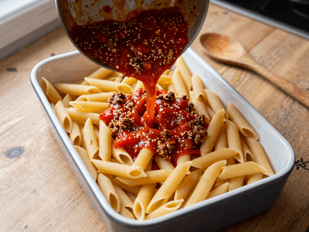 Die trockenen Nudeln liegen in der Auflaufform, die Tomaten-Hack-Sauce wird darübergegossen