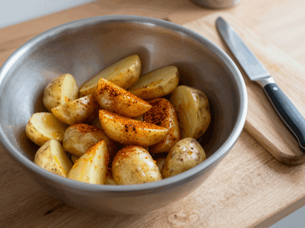 Rohe Kartoffelspalten mit Öl und Paprikapulver in einer großen Schüssel