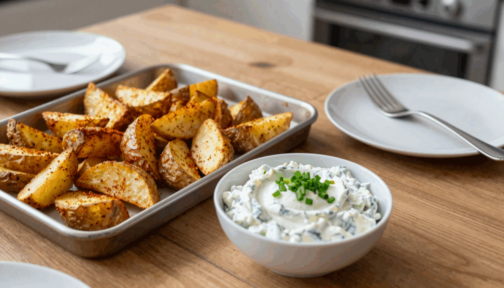 Knusprige Ofenkartoffelspalten vom Blech mit einer Schüssel Kräuterquark