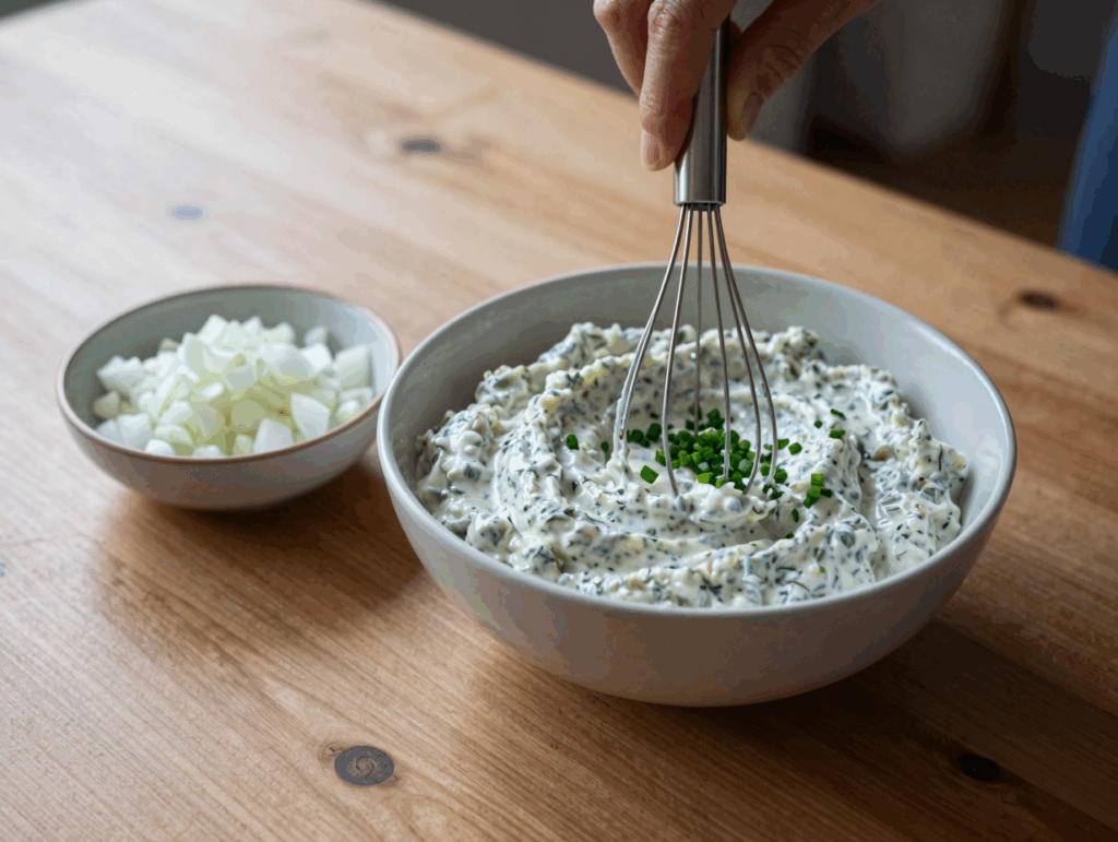 Kräuterquark mit Schnittlauch wird in der Schüssel glatt gerührt