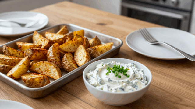 Knusprige Ofenkartoffelspalten vom Blech mit einer Schüssel Kräuterquark