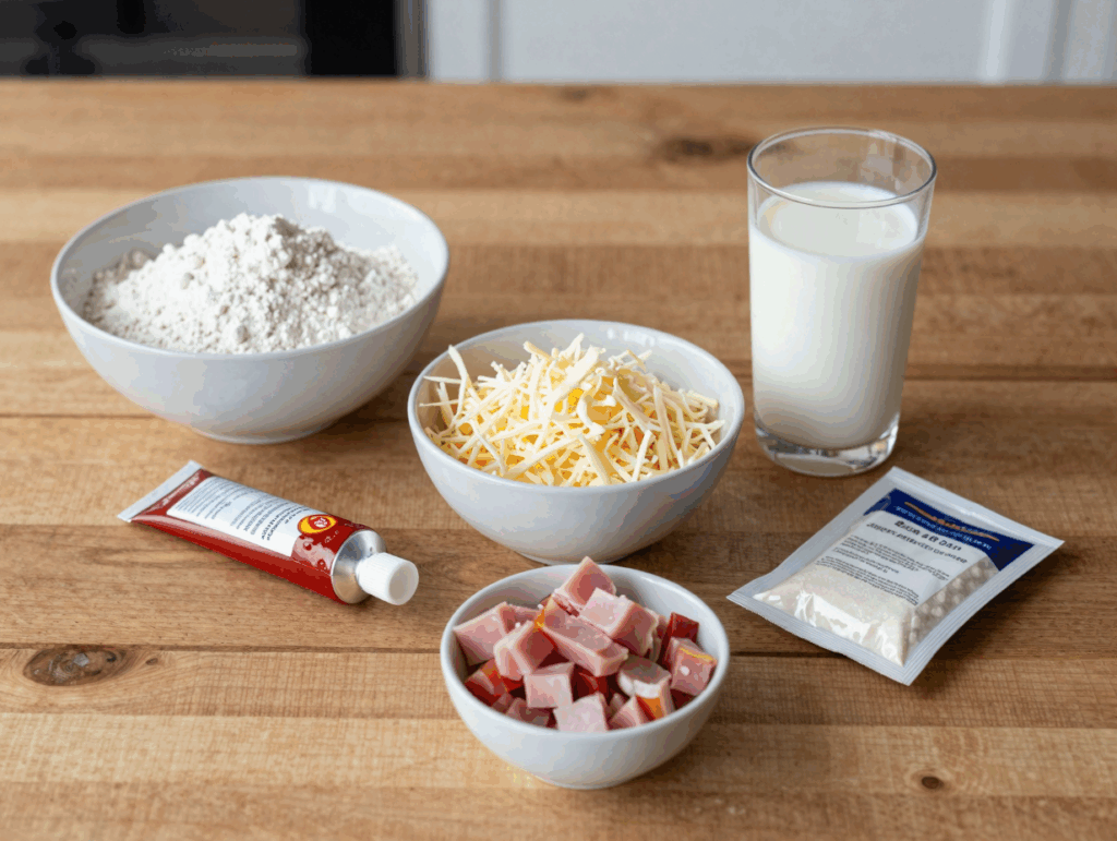 Zutaten für Pizzaschnecken: Mehl, Hefe, Milch, Tomatenmark, geriebener Käse und Schinkenwürfel