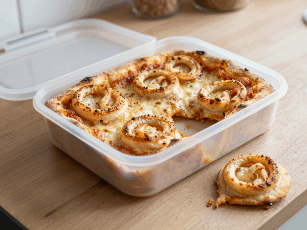 Ausgekühlte Pizzaschnecken liegen in einer Brotdose, Schnittfläche nach oben
