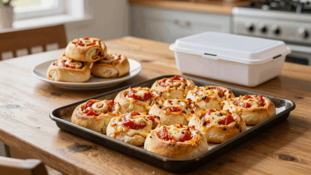 Frisch gebackene Pizzaschnecken vom Blech, daneben eine offene Brotdose