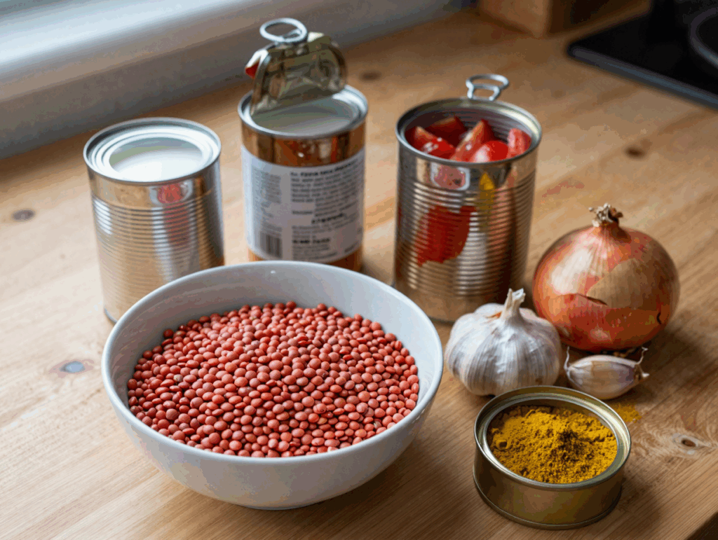 Rote Linsen, Kokosmilch, Dosentomaten und Currypulver auf der Arbeitsplatte