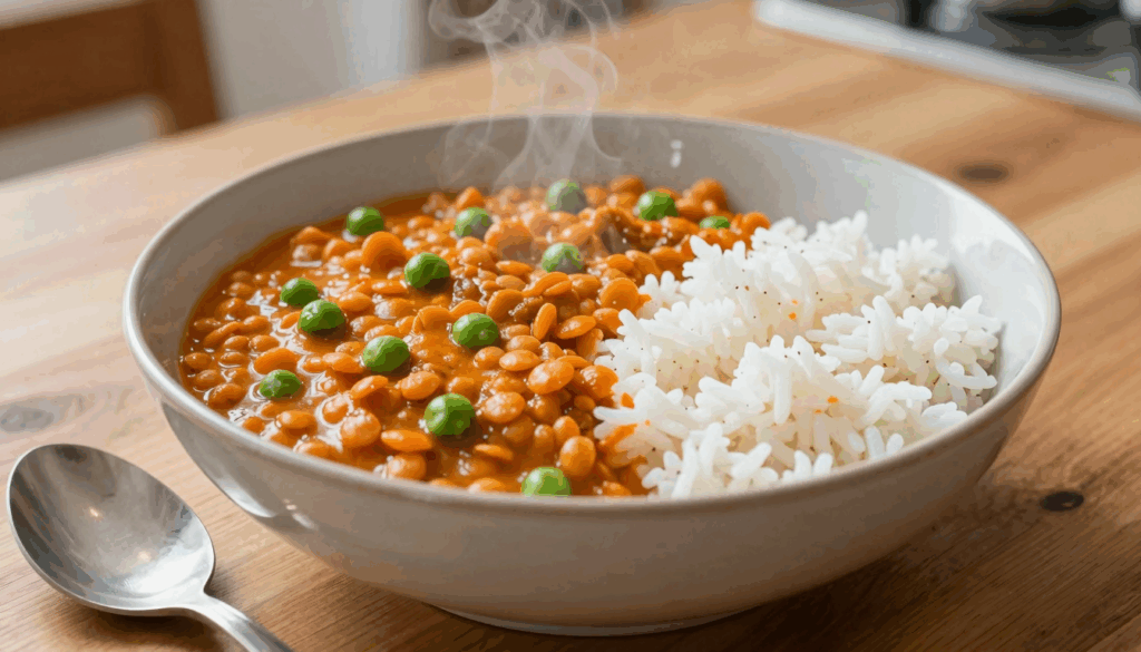 Teller mit Rote-Linsen-Curry und Reis auf dem Küchentisch