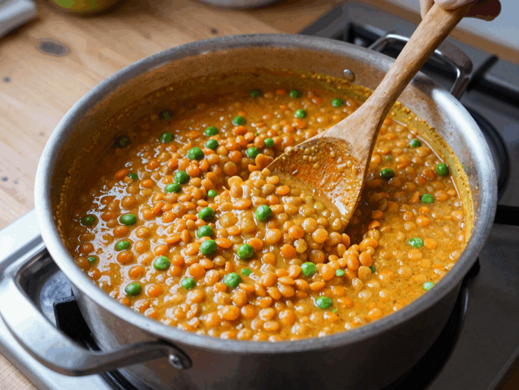 Rote-Linsen-Curry köchelt im Topf