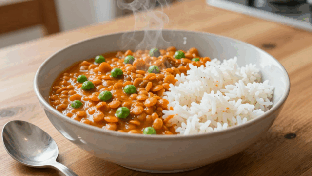 Teller mit Rote-Linsen-Curry und Reis auf dem Küchentisch