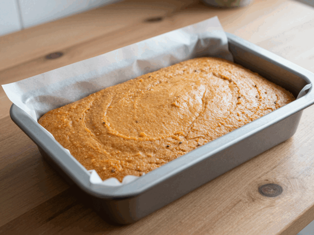 Dicker Rüblikuchen-Teig glatt gestrichen in der Kastenform