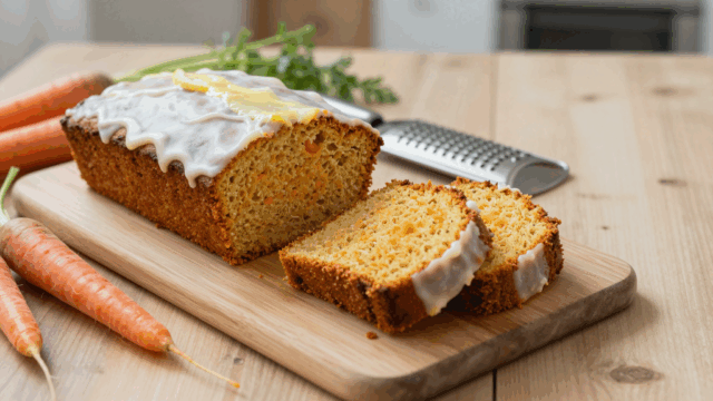 Angeschnittener Rüblikuchen mit dünnem Zuckerguss auf einem Holzbrett
