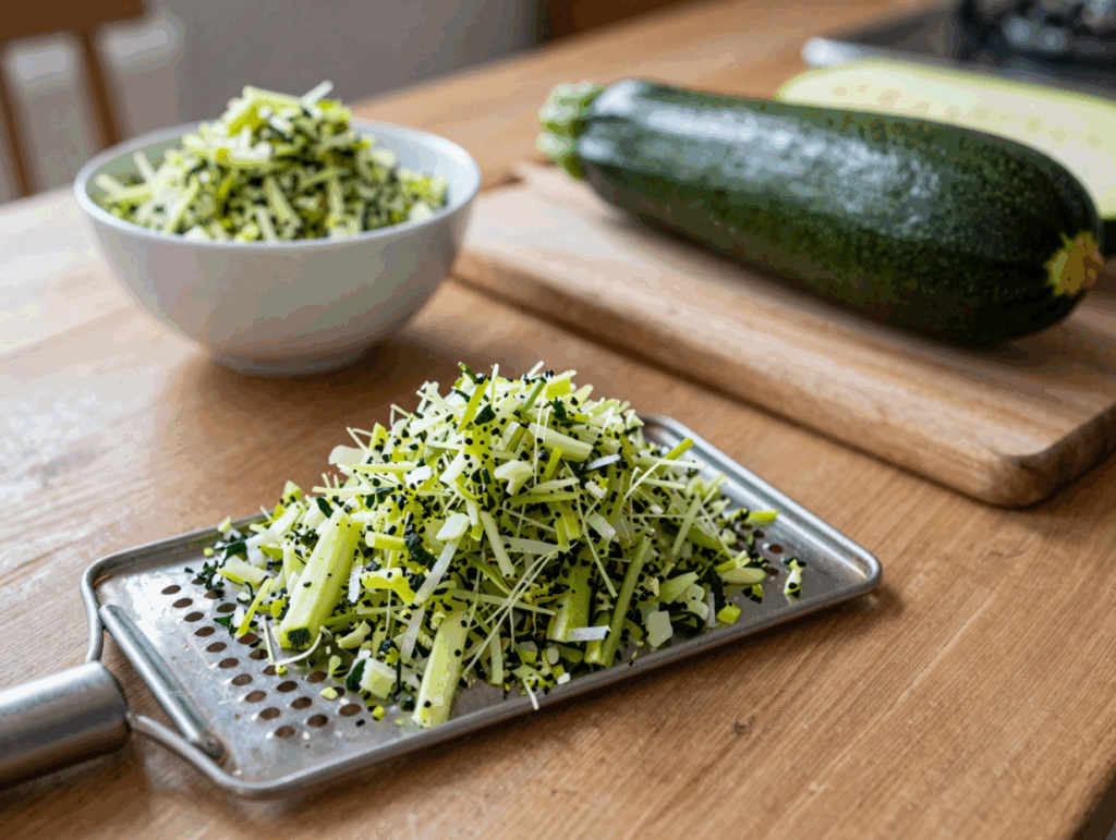 Grob geraspelte Zucchini auf dem Brett neben der Reibe