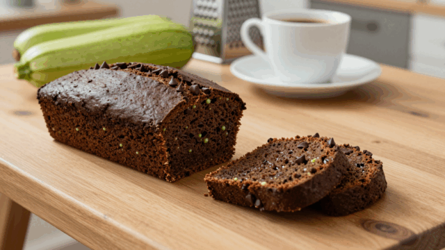 Angeschnittener Schoko-Zucchinikuchen auf dem Küchentisch, daneben zwei Zucchini