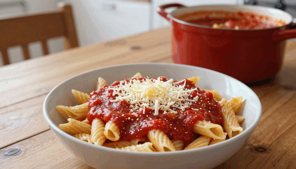 Nudeln mit glatter roter Tomatensoße und geriebenem Käse