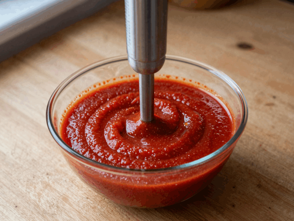 Tomatensoße wird mit dem Pürierstab glatt gemixt
