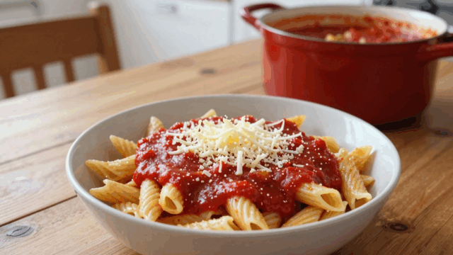 Nudeln mit glatter roter Tomatensoße und geriebenem Käse