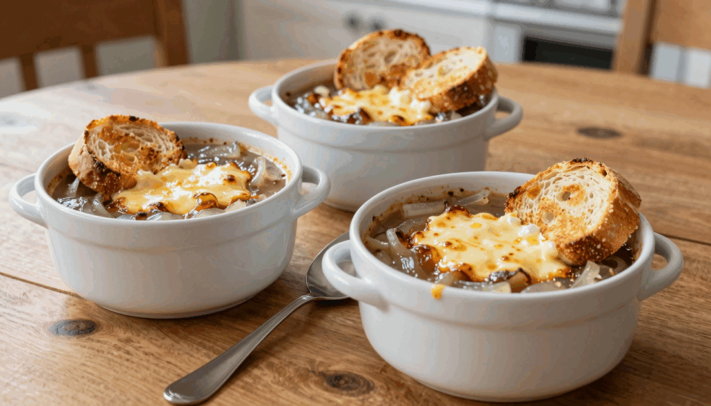 Zwei Schalen überbackene Zwiebelsuppe mit goldbrauner Käsekruste auf dem Küchentisch
