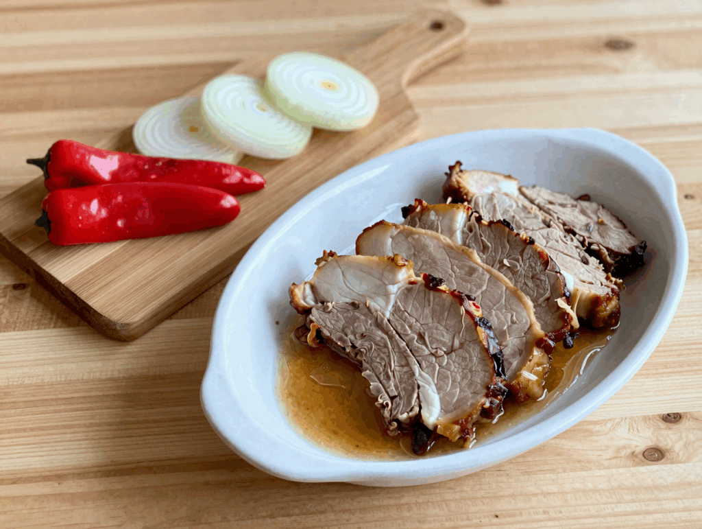 Kalte Bratenscheiben vom Vortag mit geliertem Bratensaft, daneben Zwiebeln und Paprika