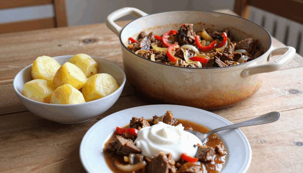 Montagsgulasch aus Bratenresten mit Paprika und Zwiebeln im Topf, daneben gekochte Kartoffeln