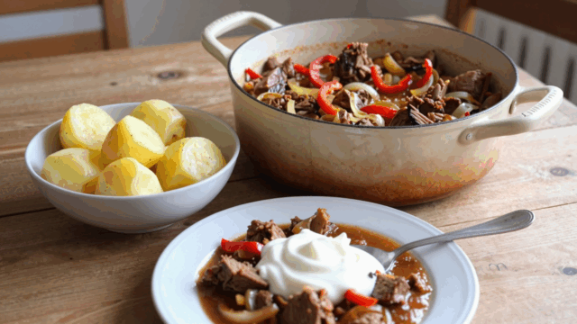 Montagsgulasch aus Bratenresten mit Paprika und Zwiebeln im Topf, daneben gekochte Kartoffeln