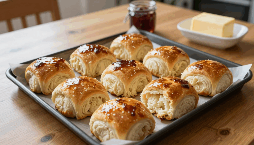 Zwölf goldbraune Milchbrötchen auf dem Blech, eines aufgerissen mit weichem hellem Inneren