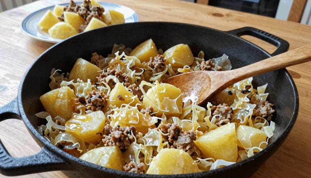 Große Pfanne mit geschmortem Weißkohl, Hackfleisch und Kartoffelwürfeln
