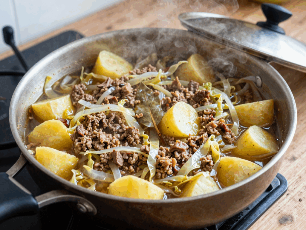 Randvolle Pfanne mit Kohlstreifen, Hackfleisch und Kartoffelwürfeln in Brühe