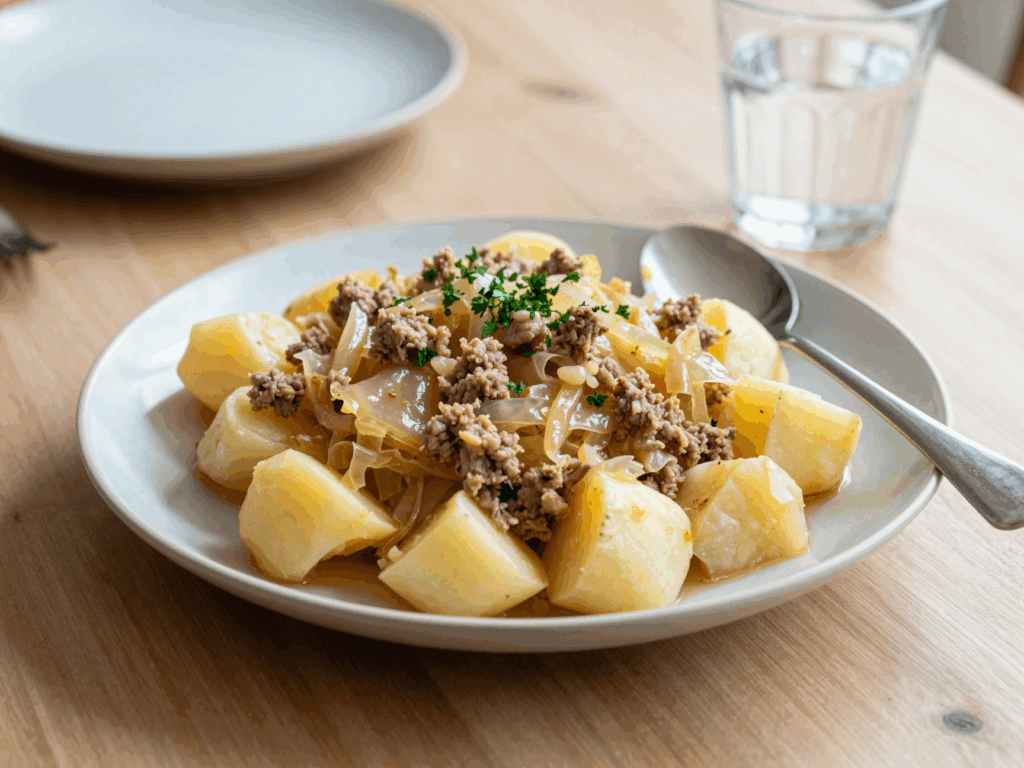 Teller mit Weißkohl-Hackpfanne und Kartoffelwürfeln, mit Petersilie bestreut